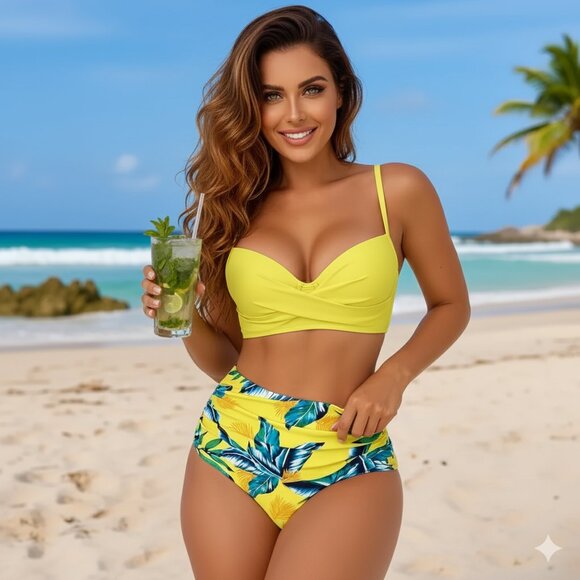 🆕 Leaf Print Yellow Bikini Set 👙 V Neck & High-Cut Bottom | Size Medium (6) - Picture 7 of 13